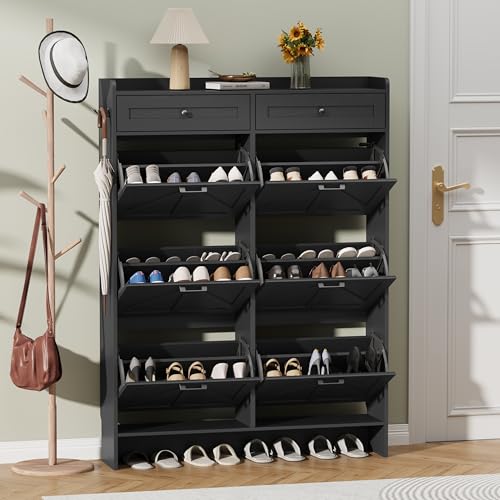 Thacuok Shoe Cabinet with 6 Flip Drawers & 2 Storage Drawers, Rustic Farmhouse Narrow Shoe Organizer Cabinet, Slim Shoe Rack Cabinet, Shoe Storage Cabinet for Entryway, Hallway, Front Door - color: Black, size: 6 Drawers