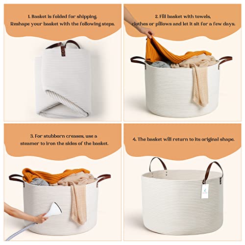 Luxury Little Extra Large Nursery Storage Basket, 22 x 22 x 14 inches - 100% Cotton Rope Baskets with Handles, Laundry Basket for Toys, Blankets & Pillows - Off White with Leather Handles - color: White