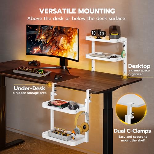 ARES WING 2-Tier Clamp On Desk Shelf, 16 inch Adjustable Above or Under Desk Storage Shelves Holds 66 lbs, Heavy Duty Desktop Organizer with Headphone Holder for Working and Gaming Accessories, White - color: White, size: Dual Shelf