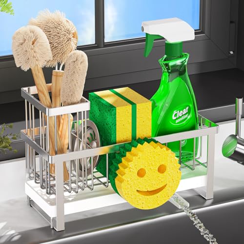 Sponge Holder for Kitchen Sink,Sink Caddy with Removable Dish Brush Holder,Self-Draining Kitchen Countertop Organizers and Storage Essentials,Soap Dispenser Organize and Home Decor-Silver - color: 1 Tier Silver-Tray