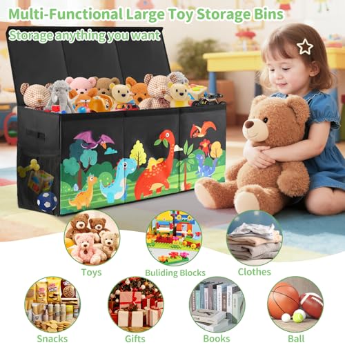 Extra Large Kids Toy Box, Foldable Toy Organizer with Dividers & Lids, 148L Dinosaur Storage Bin for Toddlers Boys Girls, Collapsible Chest for Toys, Books, Bedroom, Playroom, Nursery Black - color: Black