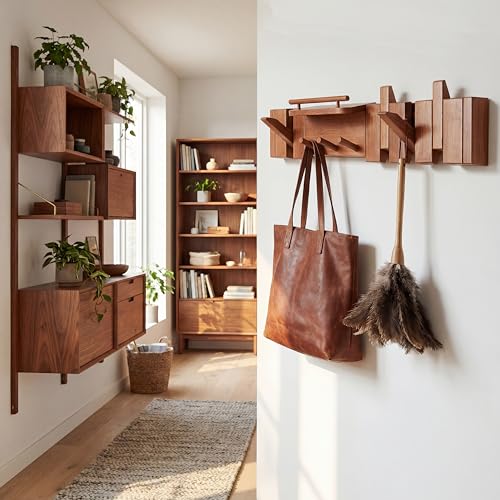 Mid Century Modern Walnut Foldable Entryway Wall Coat Hanger Hook with Shelf,Heavy Duty Wooden Piano Hidden Towel Hooks for Bathroom,Wall Rack for Purse&Key&Mail,Home Decor (Walnut, 7 Hooks) - color: Walnut, size: 7 Hooks