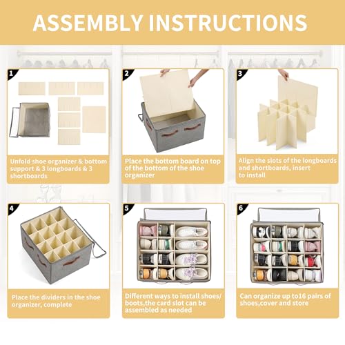 Shoe Organizer for Closet, Foldable Large Shoe Storage Bins with Clear Cover, Removable Partitions and Bottom are Supported by Plastic Boards (Grey, 20.5“Lx16.9 Wx13'H) - color: Grey