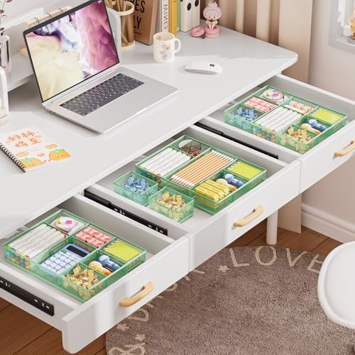 Marbrasse 3 Packs Desk Drawer Organizers, Metal Mesh Dividers with 9 Adjustable Compartments, Pen Organizer for Drawer Tray Box Accessories for Desktop,Kitchen, Makeup(Green) - color: Green