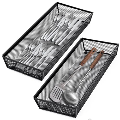 Neudeco Drawer Organizer - 5 Pack Metal Mesh Silverware Tray with Interlocking Design, 5 Compartment Cutlery Organizer for Kitchen Utensils, Black (15x6.2x2 inches) - color: Black-5L pack
