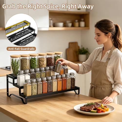 SANKEU Expandable Spice Rack Organizer for Cabinet 3 Tiered Metal Seasoning Organization with Guardrails Spice Shelf Storage for Jars Adjustable Length 13"-21" Black 2Pack - color: Black, size: 2 Pack