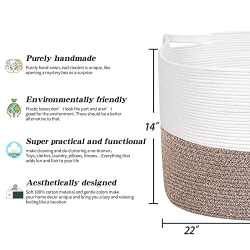 R RUNKA Extra Large Cotton Rope Basket 22" x 14" - Toy Basket for Kids -Blanket Basket for Living Room - Woven Baskets for Storage - color: White + Beige