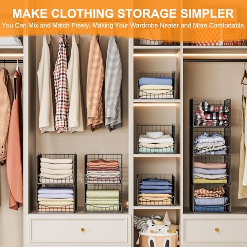 JKsmart 4-Tier Stackable Closet Organizer，Extra Large Clothing Cupboard Organizer System Clothes Storage Shelf- Closet Wardrobe Storage Bins for Jeans, Pants, Sweaters,Purse,t-Shirt Organization - color: Black, size: 4-Tier 15.9''W*12''D*35.4''H