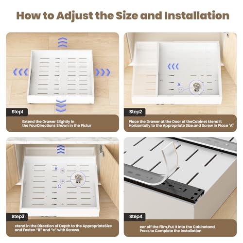 Dayacoco Pull Out Cabinet Organizer, Expandable Width (11.4"-19.4") and Depth (16.7"-21") With 3 Rails, Heavy Duty Slide out Drawers for Kitchen Base Cabinet Organization, No Drill, White