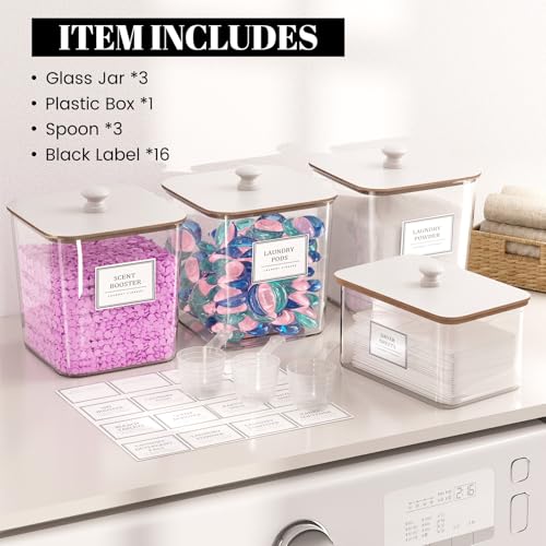 Laundry Pods Storage Container, Clear Laundry Room Organization and Storage,Detergent Powder Container,with Wooden Lids & Labels, 3+1 Pack（White） - style: 3+1-White