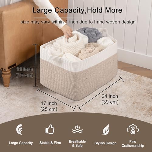 OIAHOMY Extra Large Blanket Basket, 95L Cotton Rope Woven Laundry Basket, Toy Bin for Baby Room, Container for Blanket Storage in Living Room, 24''×17''×14'', Brown & White - color: Brown & White, size: 95L