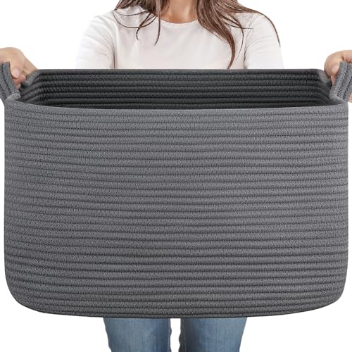 65L Cotton Rope Large Blanket Basket (19.7"x15.7"x11.8") for Living Room, Kids Room & Laundry, Storage Basket with Handle for Organizing Blankets, Pillows, Clothes & Toys, Dark Grey - color: Dark Grey, size: 19.7"x15.7"x11.8"