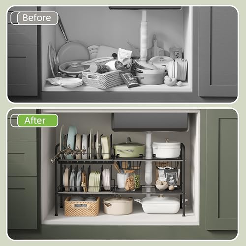 NETEL Adjustable Under Sink Organizers and Storage,Pots and Pans Organizer Under Kitchen Cabinet,Pan Lid Organizers Inside Cabinet,Expandable Cabinet Storage Shelf with Pan Rack and 14 Dividers - size: Multi-functional with 2 pot holders
