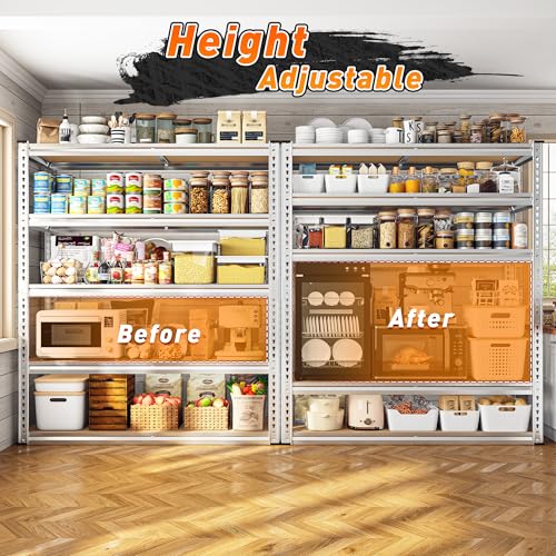 REIBII 2500LBS Garage Shelving 40" W Storage Shelves Adjustable Metal Shelving 5 Tier Pantry Shelves for Garage Closet Kitchen Basement 40" W x 19.7''D x 72''H, Silver - size: 40"W x 19.7''D x 72''H