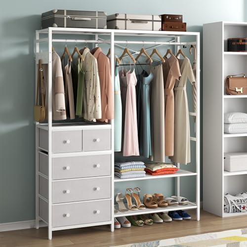 Auromie Clothes Rack with 5 Drawers & 4 Storage Shelves, 59.1W*70.9H Heavy Duty Clothing Rack with 2 Hanging Rods, Wardrobe Closet Organizer System with 5 Hooks, Freestanding Garment Rack (White) - color: White