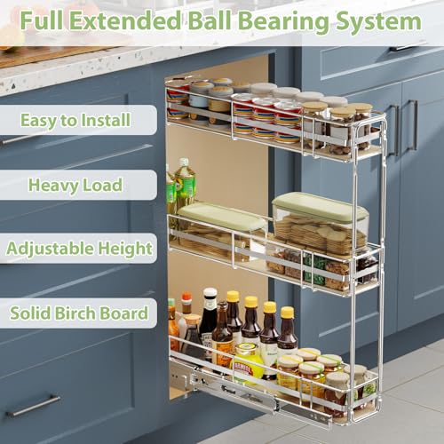 ROOMTEC 3-Tier Pull Out Cabinet Organizer Spice Rack for Narrow Cabinet 7" W x 20½" D, Slide Out Wood Shelves Storage for Kitchen - size: 7" W x 20½" D, 3 Tier, Wood Shelves