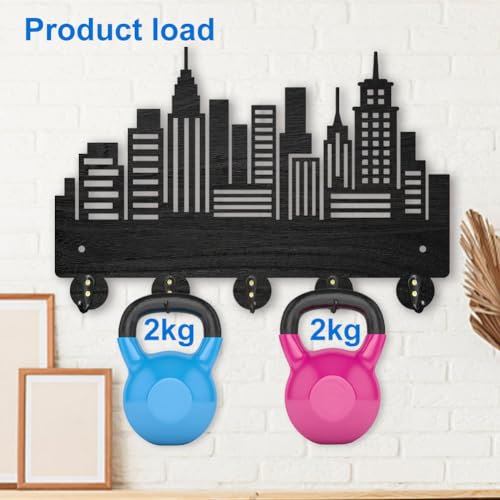 MAYJOYDIY Wood City Skyscraper Coat Rack Wall Mount 11.8×7.9inch Modern City Building Key Holder for Wall 5 Alloy Hooks Wall Art Decor Black Hook Rack for Office Entryway Living Room Gift - color: City