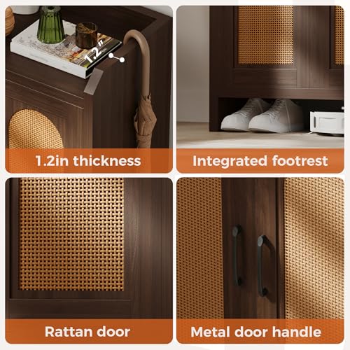 Mericonia Shoe Cabinet Storage for Entryway, Natural Rattan Storage Cabinet, Wooden Shoe Rack, Farmhouse Boho Wood Shoe Organizer Cabinet for Hallway Walnut - color: Walnut, size: 5-tier