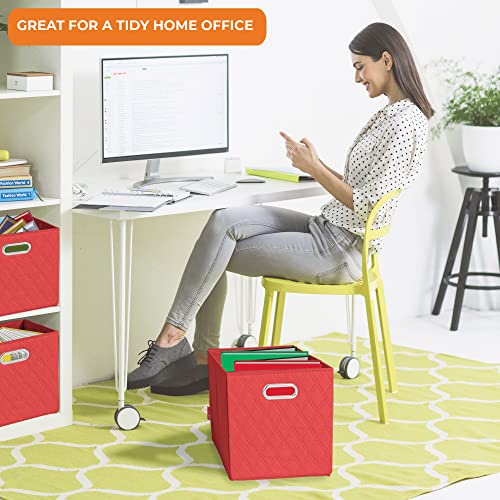 FH Group JIAessentials 12" Faux Leather Foldable Storage Cube Bins Set of 2 – Red Diamond Patterned Organizers with Handles for Closet & Shelves - color: Red, size: Medium