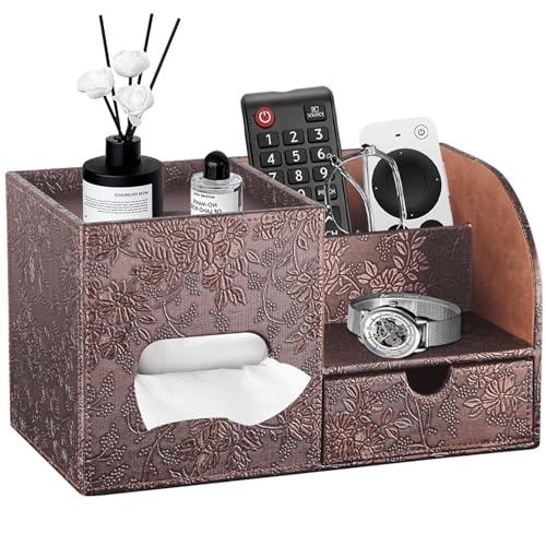 YAPISHI Tissue Box Cover with Storage Tray and Drawer, PU Leather Square Tissue Box Holder, Modern Cube Facial Tissue Dispenser, Makeup Holder, Remote Control Organizer for Nightstand, Bathroom Vanity - color: Archaize