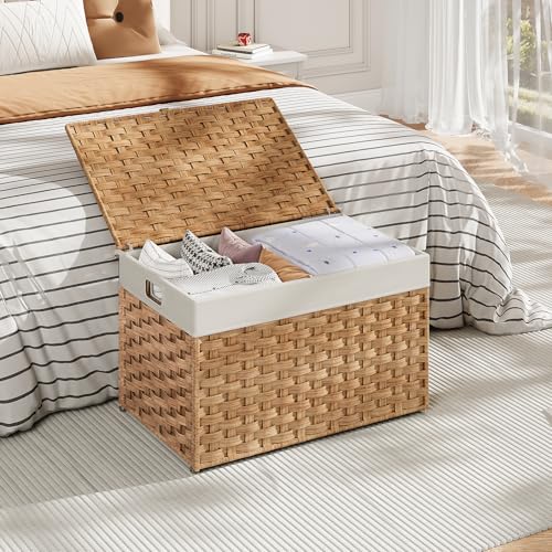 HOOBRO Storage Basket with Lid, 17.2 Gallon (65L) Wicker Basket, Handwoven Blanket Storage Basket with Handles, Metal Frame and Soft Lining, Foldable for Bedroom, Laundry Room, Natural NL265CW01 - color: Natural, size: 22"L x 13.4"W x 13.4"H