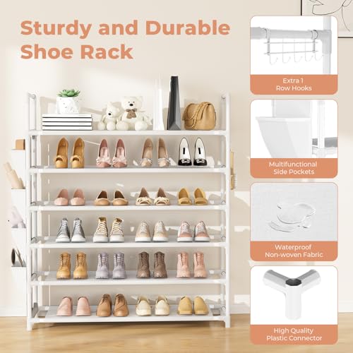 LANTEFUL 6 Tier Shoe Rack Storage for 24-30 Pairs Shoe and Boot, Shoe Organizer with Hook and Side Pocket Free Standing Long Shoe Shelf Tall Shoe Rack Organizer for Closet, Entryway, Dorm, White - color: White