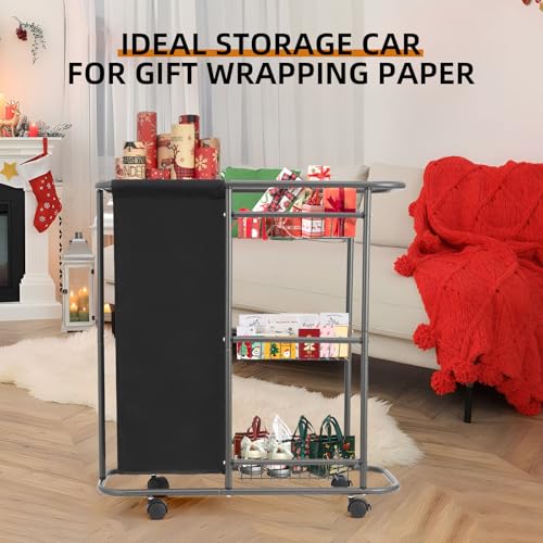Rolling Laundry Cart with Wheels: 3-Tier Laundry Caddy Between Washer and Dryer - Heavy Duty Wrapping Paper Cart with 45L Bag for Narrow Space Laundry Room Bathroom Bedroom Black - color: Black