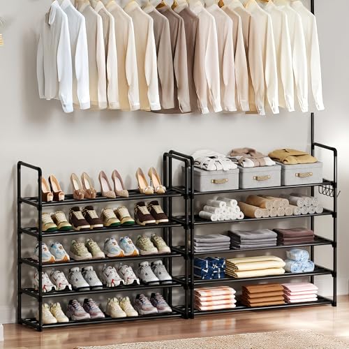 Shoe Rack, 10 Tier Shoe Storage Organizer with Hooks,Fit 40-45 Pairs Shoes,Metal Tall Shoe Shelf for Closet,Entryway, Hallway,Garage,Bedroom,Cloakroom - color: Metal, size: X-Large