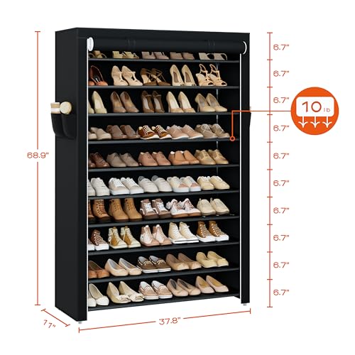 CASAMAYA Shoe Rack with Covers, 10 Tiers Tall Shoe Rack Organizer, Large Capacity Shoe Shelf Storage, Hold 50 Pairs of Shoes, Vertical Shoe Storage Organizer for Closet, Entryway, Black, SRT105B01 - size: 37.8"W - 10 Tier