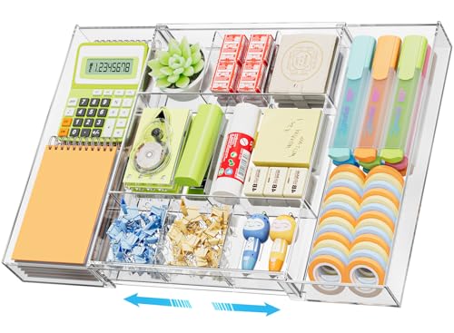 Marbrasse Expandable Desk Drawer Organizer, Clear Plastic Drawer Organizer Tray with 10 Adjustable Compartments, Desk Organizers and Accessories, 5 Drawer Dividers for Office Supplies, Makeup(Clear) - color: Clear