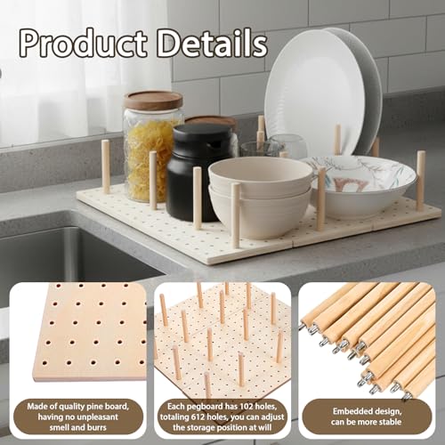 6 Pcs Wood Pegboard Drawer Organizer with 48 Pegs, Wooden Peg Board Drawer Shelf Organizer Adjustable Peg Drawers Organizers for Kitchen Dishes Plate Pegboard Food Containers(17x5.91, Wood)