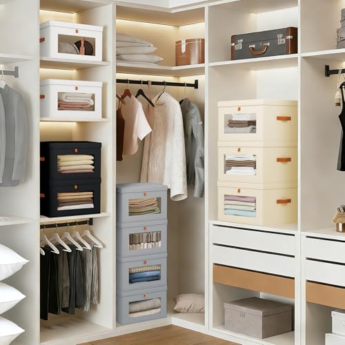DIMJ Storage Bins with Lids - 6 Pack Large Fabric Closet Organizer with Window & Handles, Collapsible Decorative Storage Boxes for Shelves Under Bed, Books Clothes Blankets Sweaters Organization - color: Beige, size: Small-6 Pack