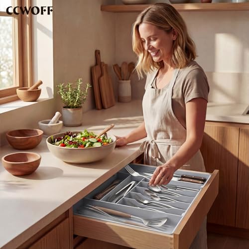 Heavy Duty Stainless Steel Frame Silverware Organizer with Plastic Body, Extra Large Silverware Drawer Organizer, 9 Slot Expandable Kitchen Drawer Organizer, 8 Non-Slip Feet Included, BPA Free, Gray - color: Gray
