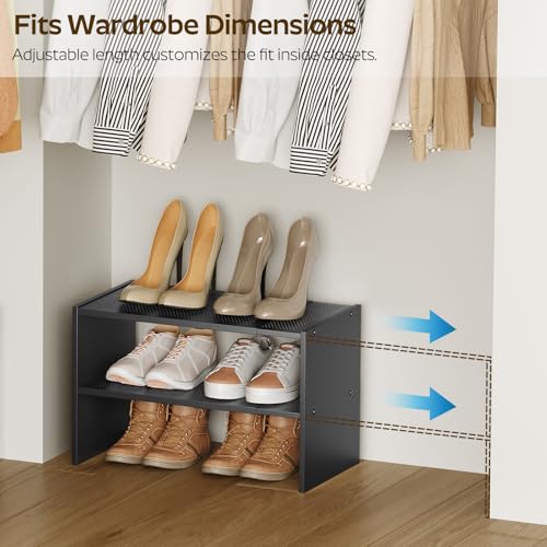 YATINEY Expandable Shoe Rack, 2-Tier Adjustable Entryway Shoe Organizer, Stackable Closet Shoe Rack for Small Space, Compact Shoe Shelf Storage for Garage Holds Up to 12 Pairs, Black SS03BB - color: Black