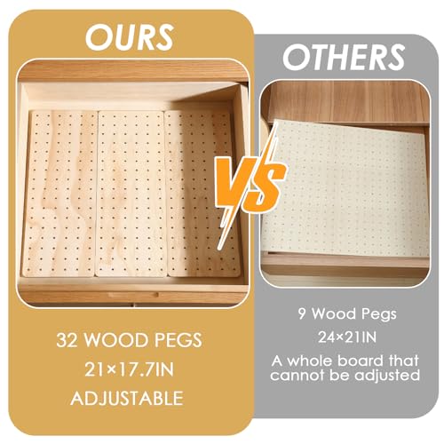 4 Pcs Pegboard Drawer Organizer with 48 Pegs, 20.98x5.91 Inch Wooden Peg Board Kitchen Plate Organizer for Drawer Pegboard Storage Rack with Adjustable Peg for Tableware, Plate, Bowl, Cookware