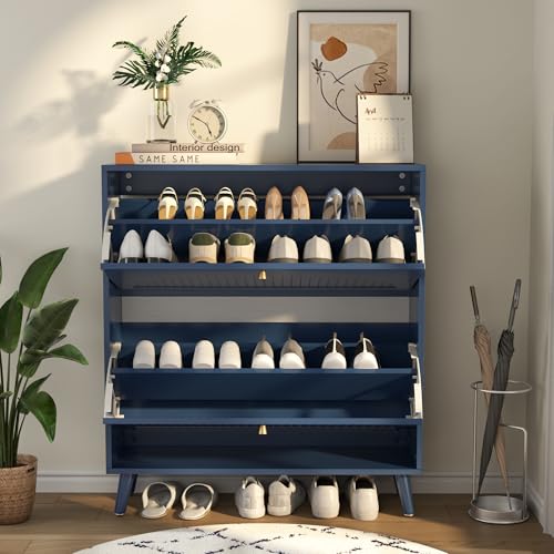 Fsbecl Shoe Storage Cabinet for Entryway with 2 Flip Drawers, Narrow Wood Shoe Cabinet with Fluted Panel, Freestanding Hidden Shoe Organizer for Foyer, Hallway (Blue - with Shelf) - color: Blue - With Shelf