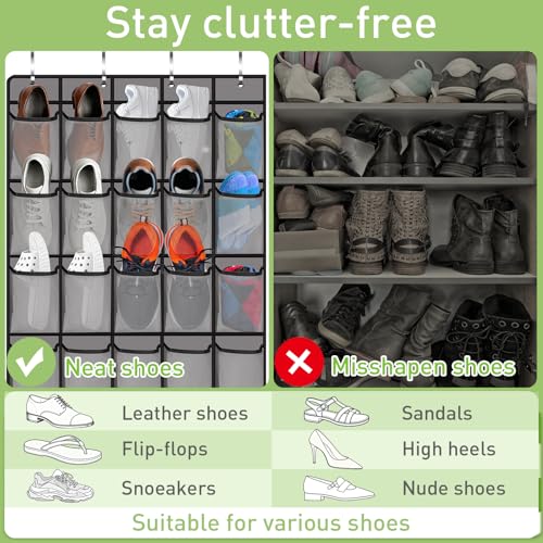 Meolsaek Over the Door Shoe Organizer with 40 Breathable Mesh Pockets, Hanging Shoe Organizer for Door with 4 Metal Hooks, Shoe Organizer for Closet, Bedroom, Bathroom, Pantry, 76.4" x 27.5" x 5"