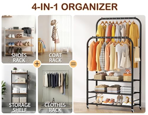 HOMIDEC Double Rods Clothes Rack Clothing Rack with 3 Tier Storage Shelves Clothes Rack for Hanging Clothes Multifunctional Clothes Organizer Bedroom,Wardrobe Closet,Shop,Black - color: Gloss Black