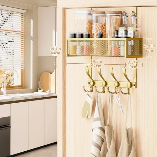 Kaiferty Over The Door Hooks Organizer,Over Door Hanger Towel Rack Mesh Basket with 12 Hooks,Back of Door Storage Organizer for Bedroom,Bathroom,Kitchen,Office(Gold) - color: 1 Upgrated Baskets-Gold
