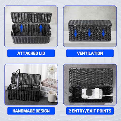 Cable Management Box, Handmade Rattan Cable Organizer with 2 Open Slots, Cord Hider for Power Strip, Router & USB Hub, Registered U.S. Design Patent (D1,112,102), 13" x 5.1" x 5.1", Black - color: Black, style: Rectangle
