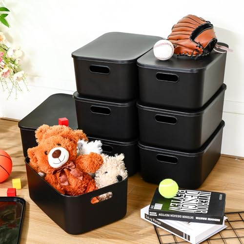 Hoolerry 8 Pieces Colorful Storage Bins with Lid, Plastic Storage Basket Organizing Container Stackable Box with Handle for Shelves Desktop Playroom Office(13.8 x 9.8 x 5.9 Inch,Black) - color: Black, size: 13.8 x 9.8 x 5.9 Inch