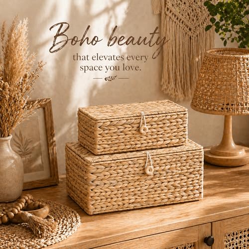LUSYDECO Set of 3 Wicker Storage Baskets with Lid, Large Rectangular Rattan Basket Decorative Boxes, Natural Water Hyacinth Wicker Basket for Shelf Organizer, Nursery Room
