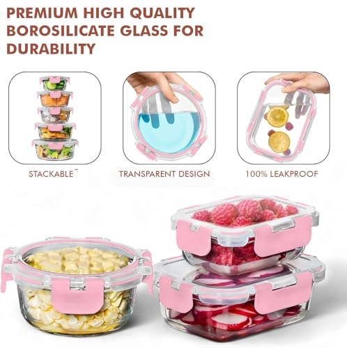 Razab 30 PC Glass Food Storage Containers with Lids - Reusable Glass Meal Prep Containers for Lunch and Leftovers - Airtight & Leakproof Snap Locking Lids - Oven, Freezer, Microwave, Dishwasher Safe - color: Pink