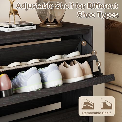 Shoe Cabinet with 2 Flip Drawers, Modern Narrow Shoe Storage Cabinet Organizer with Adjustable Shelf, Hidden Freestanding Shoe Rack for Entryway, Hallway, Living Room, Black - color: Black, size: 9.45"D x 31.5"W x 31.5"H(2 drawers)