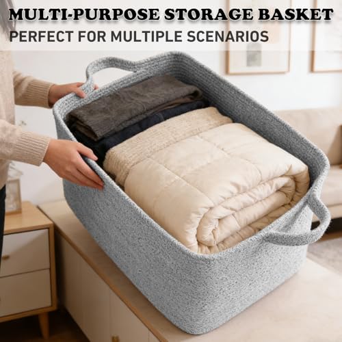 Large Blanket Basket,Woven Rope Basket Storage Bin with Handles,65L Rectangle Laundry Basket for Magazines,Toys,Clothes,Newspaper Shelf Organization,Nursery and Living Room,Grey - color: Grey, size: 21"x16"x12"(65L)