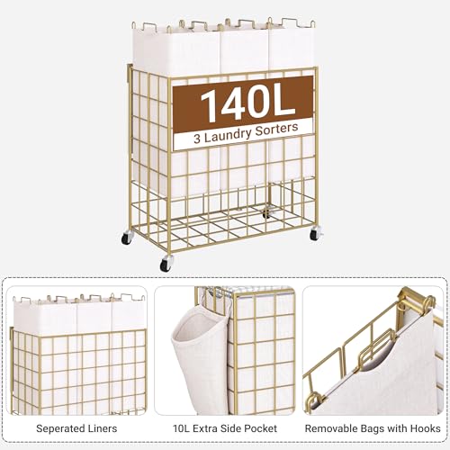 Laundry Basket with Wheels, Heavy Duty Laundry Sorter 3 Sections, 140L (37Gal.) Large Capacity Laundry Hamper with Wood Lid, 360 Rolling Wheels, Extra Side Pocket, Leather Pull Handle, Golden - color: Golden, size: 140L