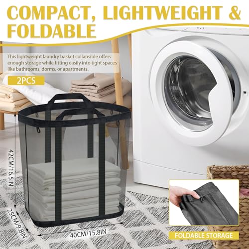 Mesh Laundry Basket, Hanging Laundry Hamper for Wall Door with Handles, Breathable Foldable Beach Bag Space-saving Travel Tote (2Pack, Black) - color: Black