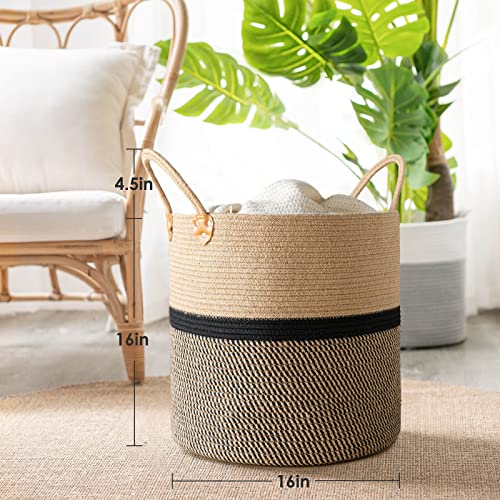 CHICVITA Extra Large Jute Woven Storage Basket with Handles – Laundry Basket Toy Towels Blanket Basket Home Decor Gift, 16" x 16", Black - color: Black, size: 16"W x 16"H