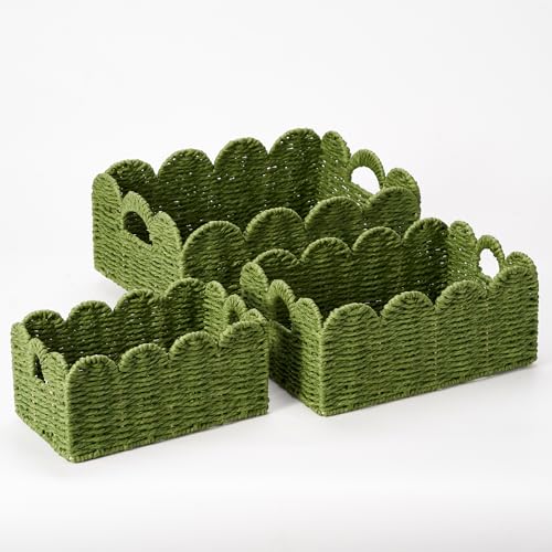 Scalloped Wicker Baskets, Set of 3 Hand-Woven Storage Baskets with Handles - Paper Rope Shelf Organizers & Decorative Baskets for Shelves, Closet, Bathroom (Green） - color: Greem