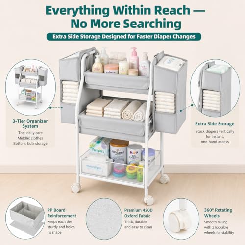 Moteph Rolling Utility Cart with Side Storage, 3-Tier Diaper Cart & Baby Caddy Organizer for Nursery Essentials, Bedside/Postpartum Nursing Cart, Craft & Art Storage Organizer, Rolling Book Cart - size: WITH_SIDE_STORAGE